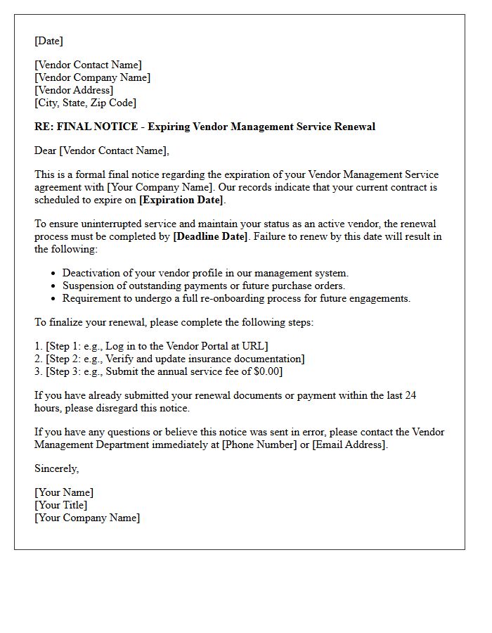 Final Notice of Expiring Vendor Management Service Renewal Letter