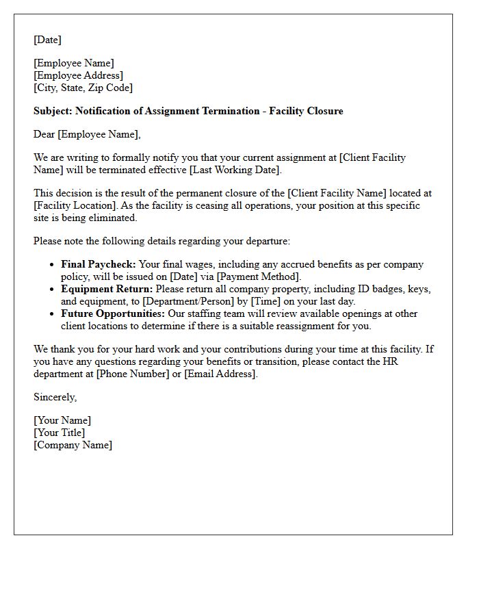 Client Facility Closure Assignment Termination Letter