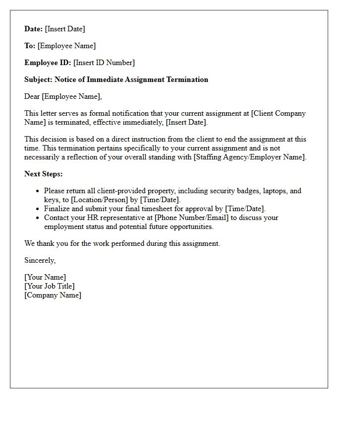 Immediate Effect Assignment Termination Letter Based on Client Directive