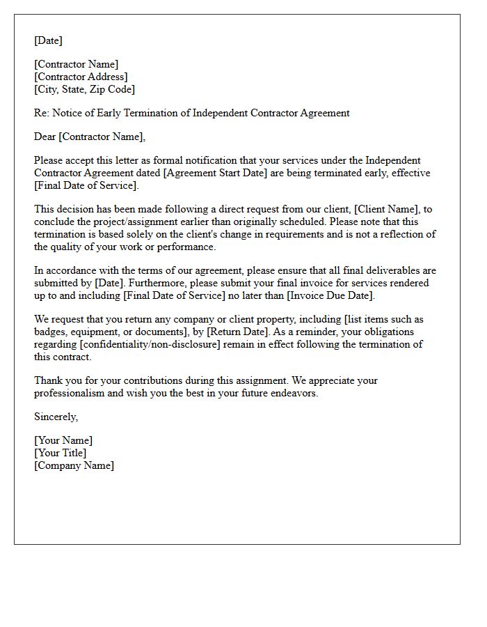 Independent Contractor Early Assignment Termination Letter Due to Client Request