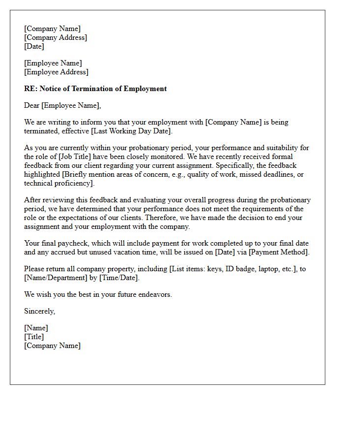 Probationary Period Assignment Termination Letter Following Client Feedback