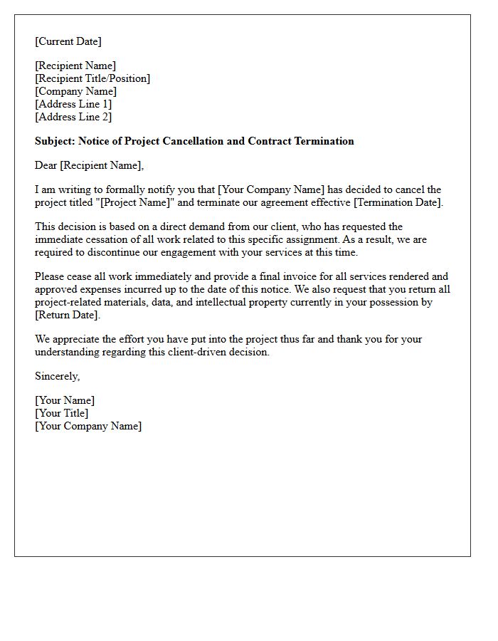 Project Cancellation Assignment Termination Letter by Client Demand
