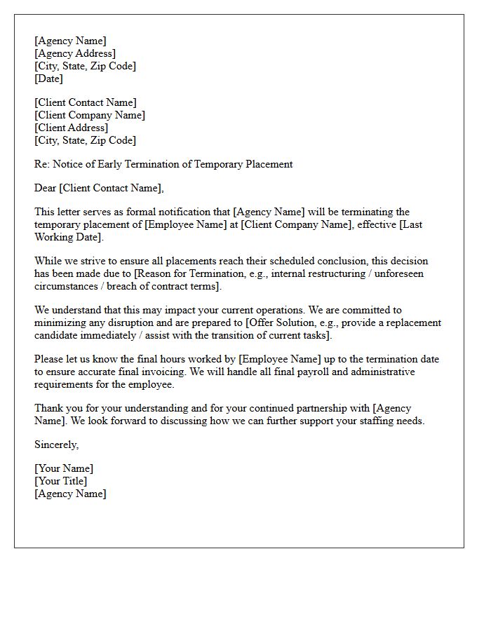 Agency Initiated Temporary Placement Early Termination Letter