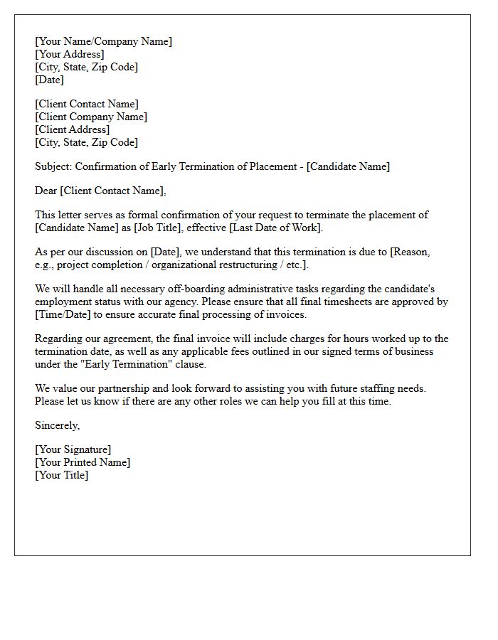 Client Requested Early Placement Termination Letter