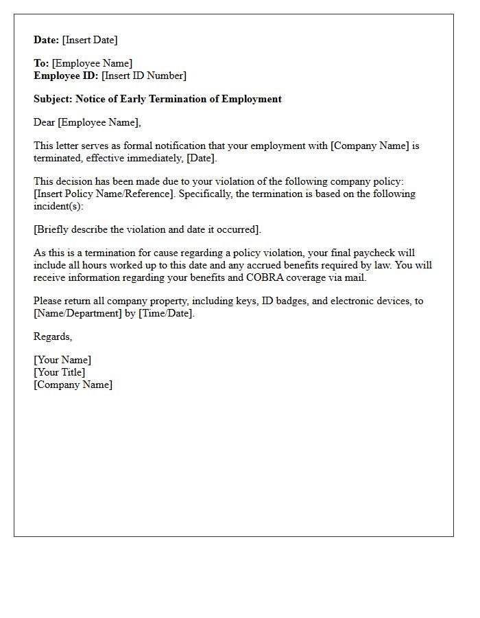Letter of Early Termination for Workplace Policy Violation