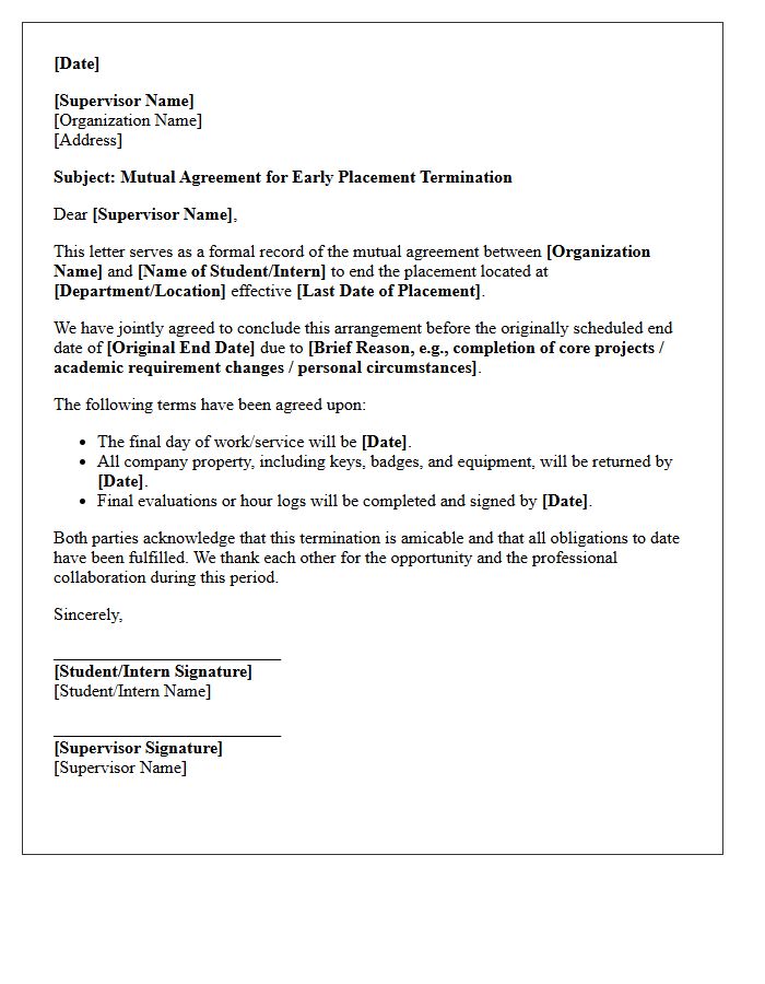 Mutual Agreement Early Placement Termination Letter