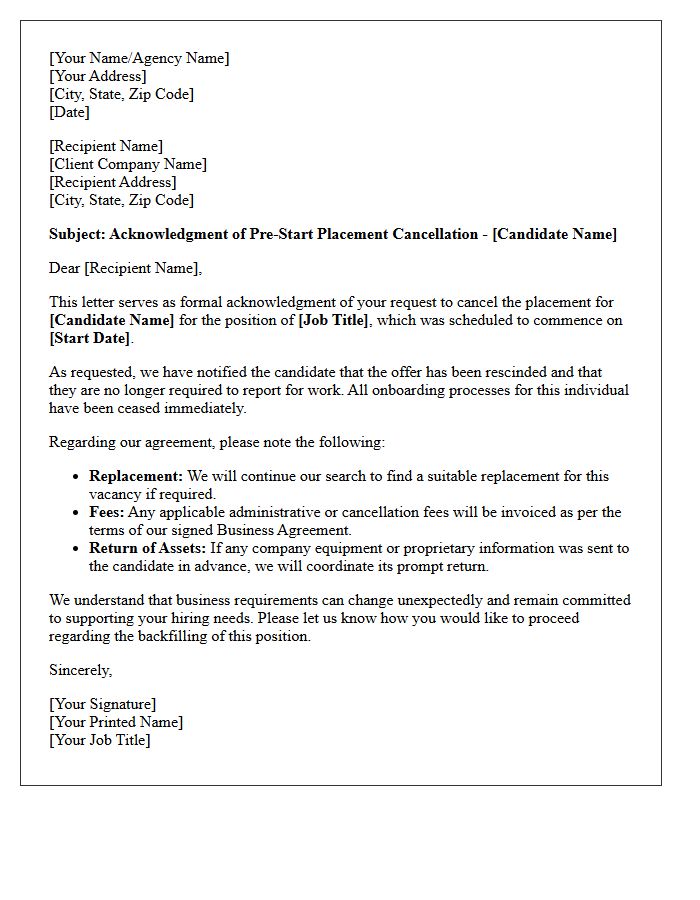 Agency Acknowledgment Of Pre-Start Placement Cancellation Letter