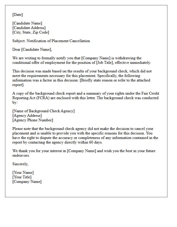 Failed Background Check Placement Cancellation Notification Letter