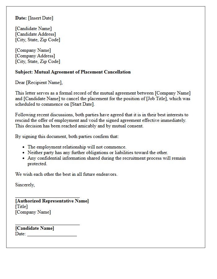 Mutual Agreement Of Placement Cancellation Prior To Start Date Letter