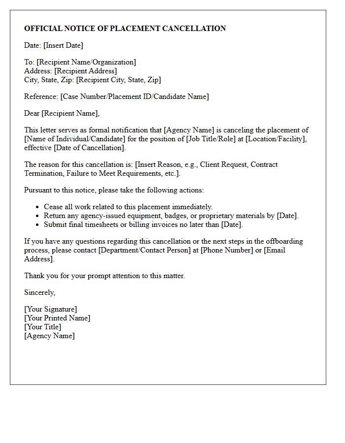 Official Agency Notice Of Placement Cancellation Letter