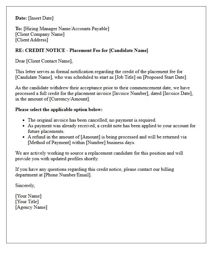 Placement Fee Credit Notice Following Pre-Start Cancellation Letter