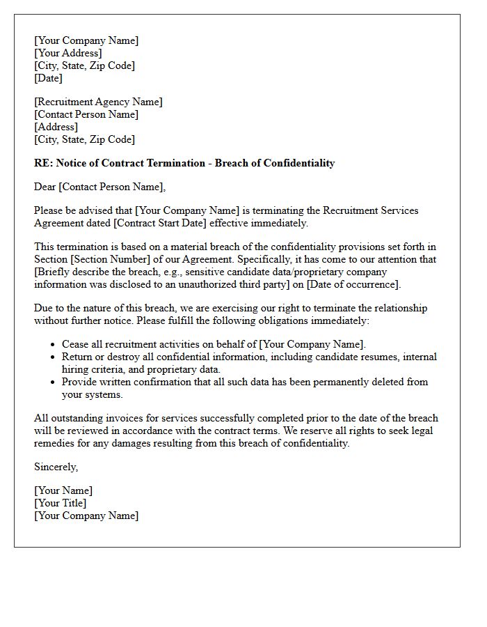 Breach of Confidentiality Contract Termination Letter for Recruitment Services