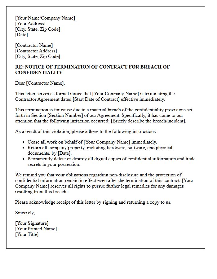 Contractor Agreement Cancellation Letter for Confidentiality Infraction