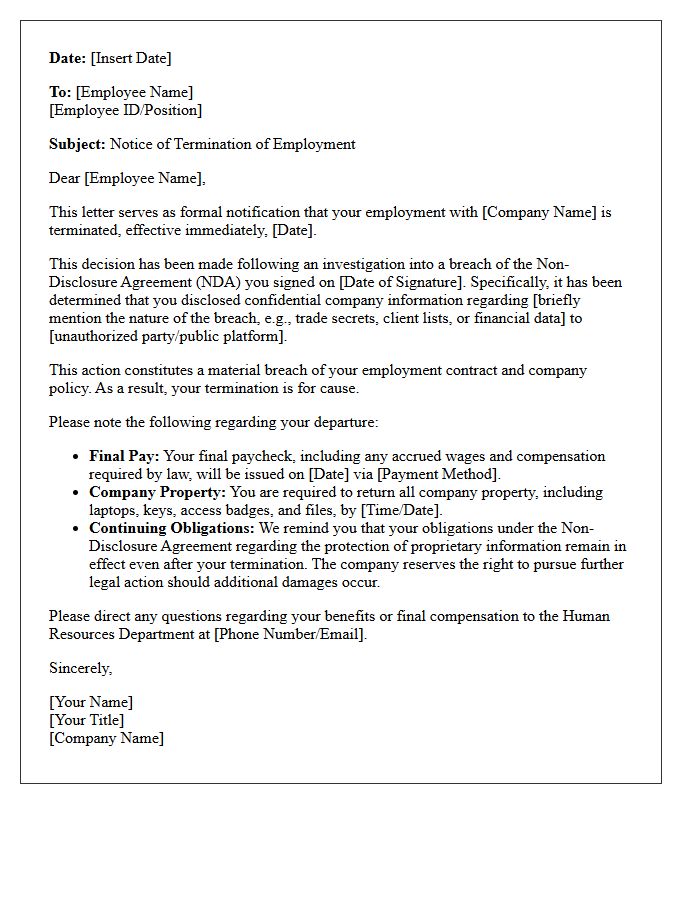 Formal Termination Letter Due to Non-Disclosure Agreement Breach