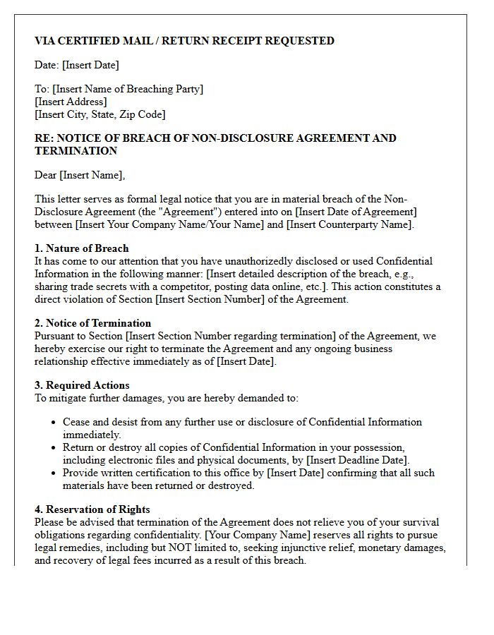 Legal Notice and Termination Letter for Non-Disclosure Agreement Breach