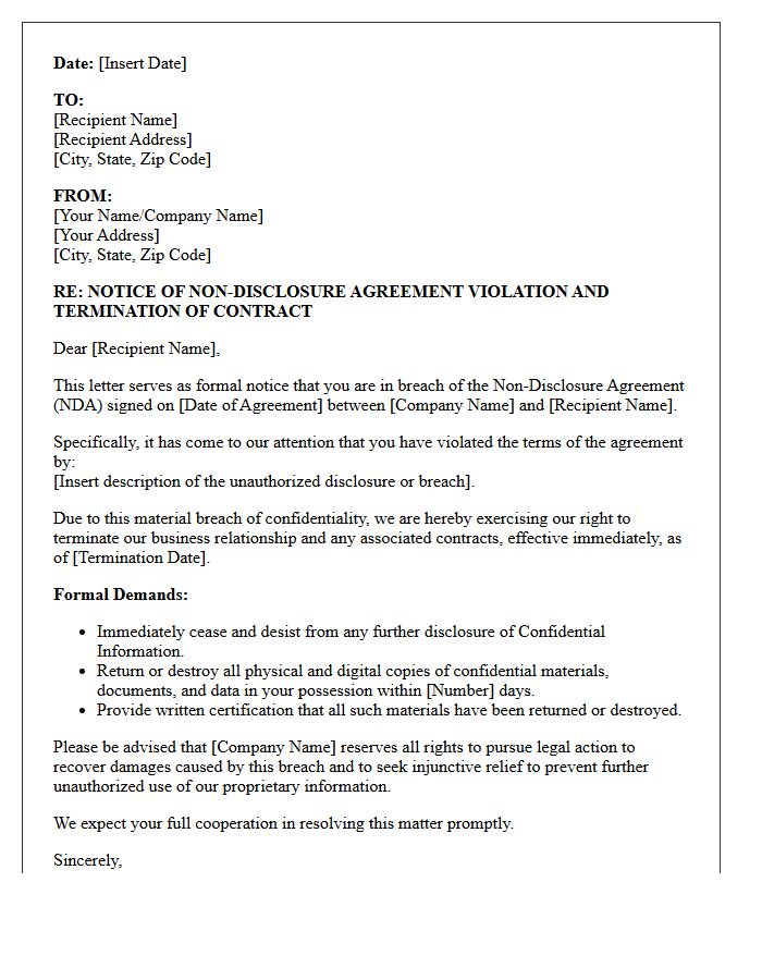 Non-Disclosure Agreement Violation Notice and Termination Letter