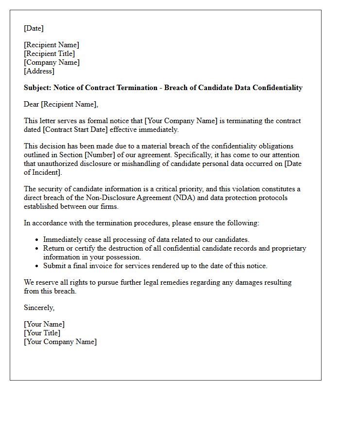 Notice of Contract Termination Letter for Candidate Data Confidentiality Breach