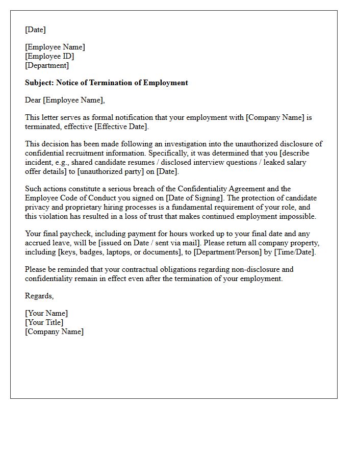 Notice of Termination Letter for Unauthorized Disclosure of Recruitment Information