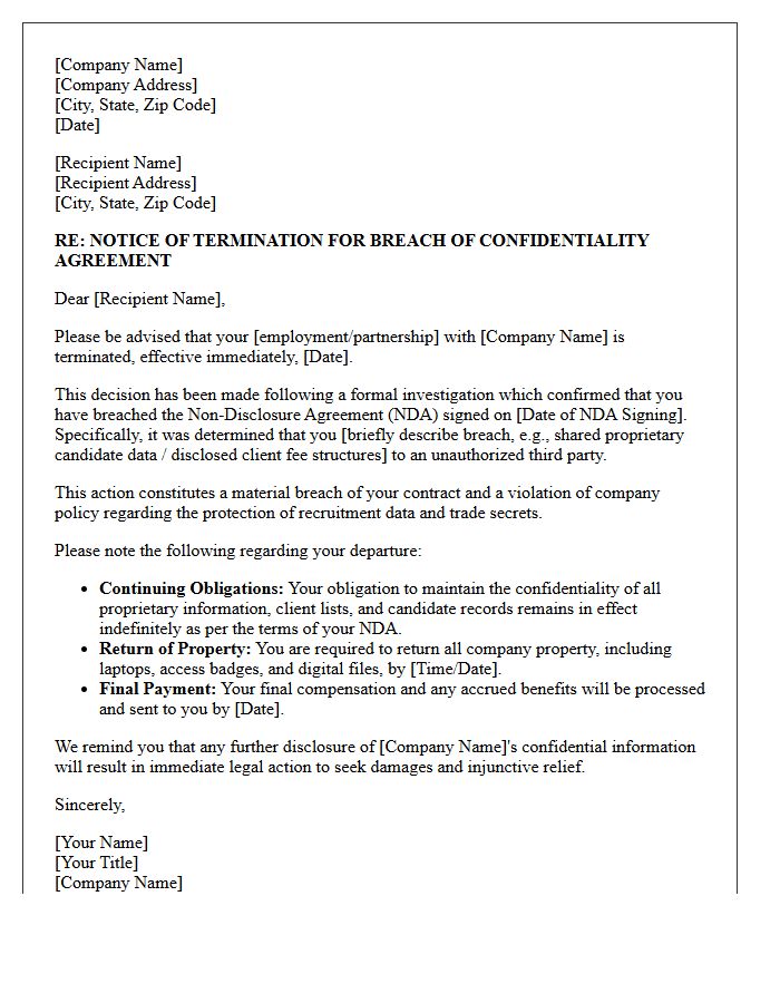 Official Termination Letter for Breach of Recruitment Agency NDA