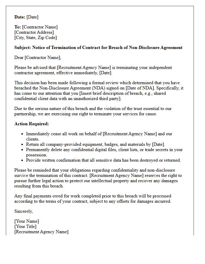 Recruitment Agency Contractor Termination Letter for Breach of Non-Disclosure Agreement