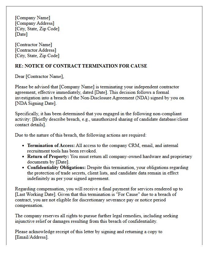 Recruitment Business Contractor Severance Letter for NDA Non-Compliance