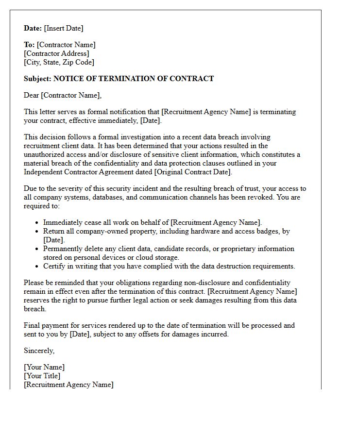 Recruitment Client Data Breach Contractor Termination Letter