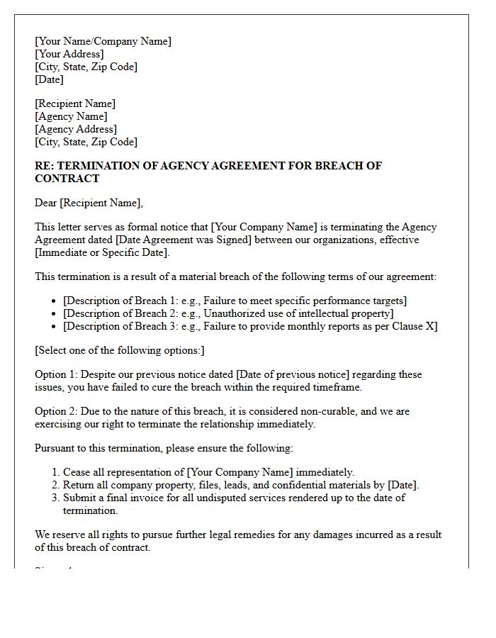 Breach of Contract Agency Agreement Termination Letter