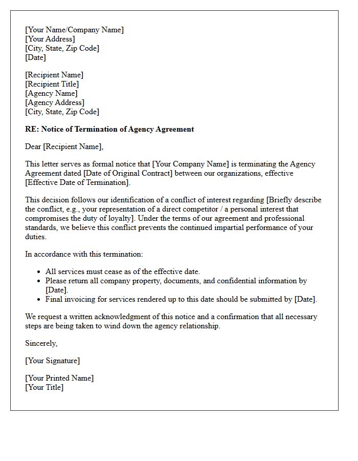 Conflict of Interest Agency Agreement Termination Letter