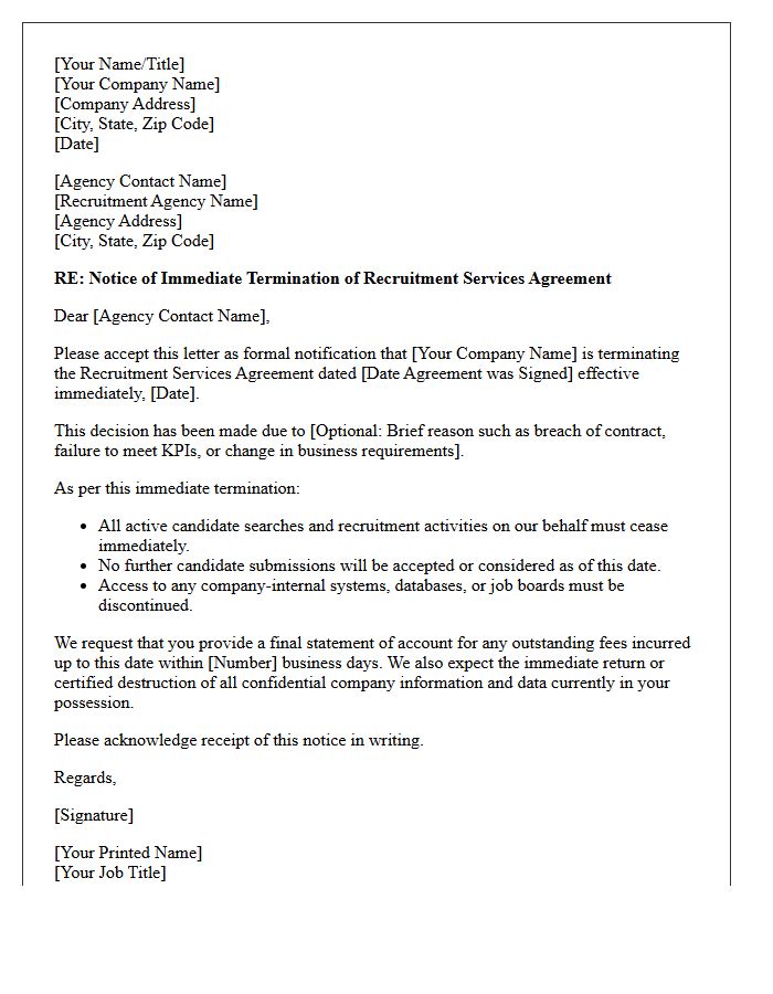 Immediate Termination of Recruitment Agency Agreement Letter