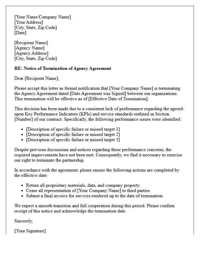 Lack of Performance Agency Agreement Termination Letter