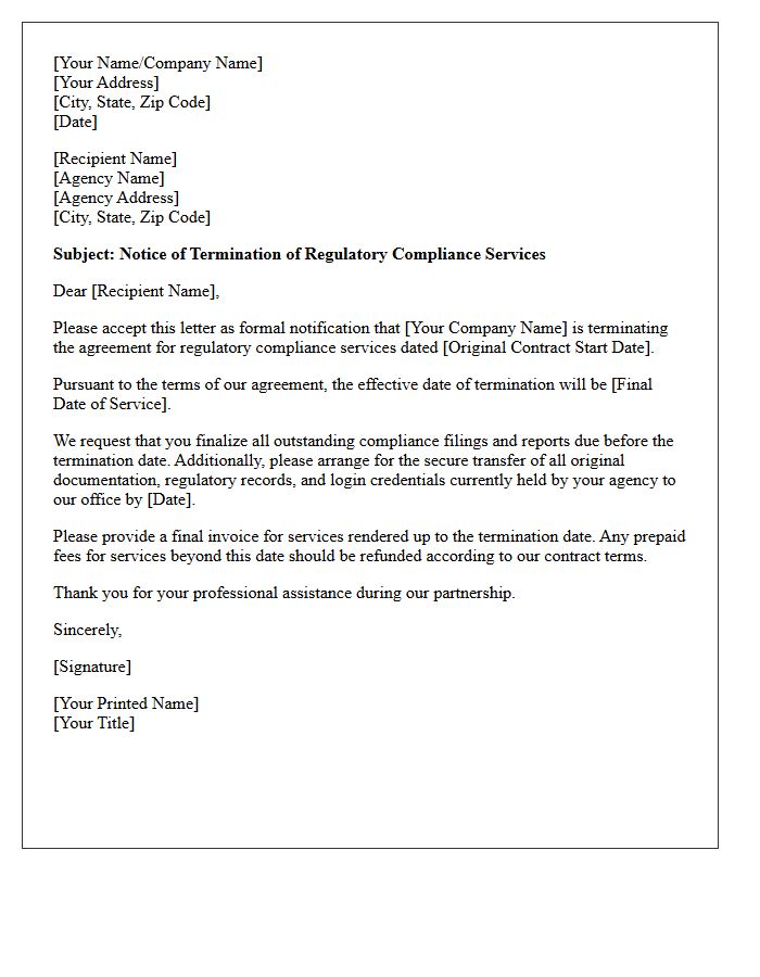 Regulatory Compliance Agency Agreement Termination Letter