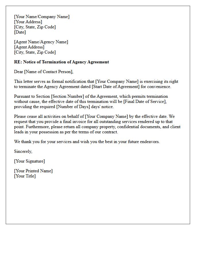 Termination of Agency Agreement for Convenience Letter