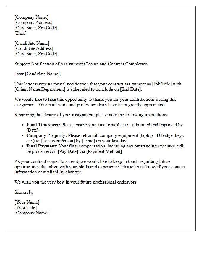 Candidate Assignment Closure and Contract Completion Letter