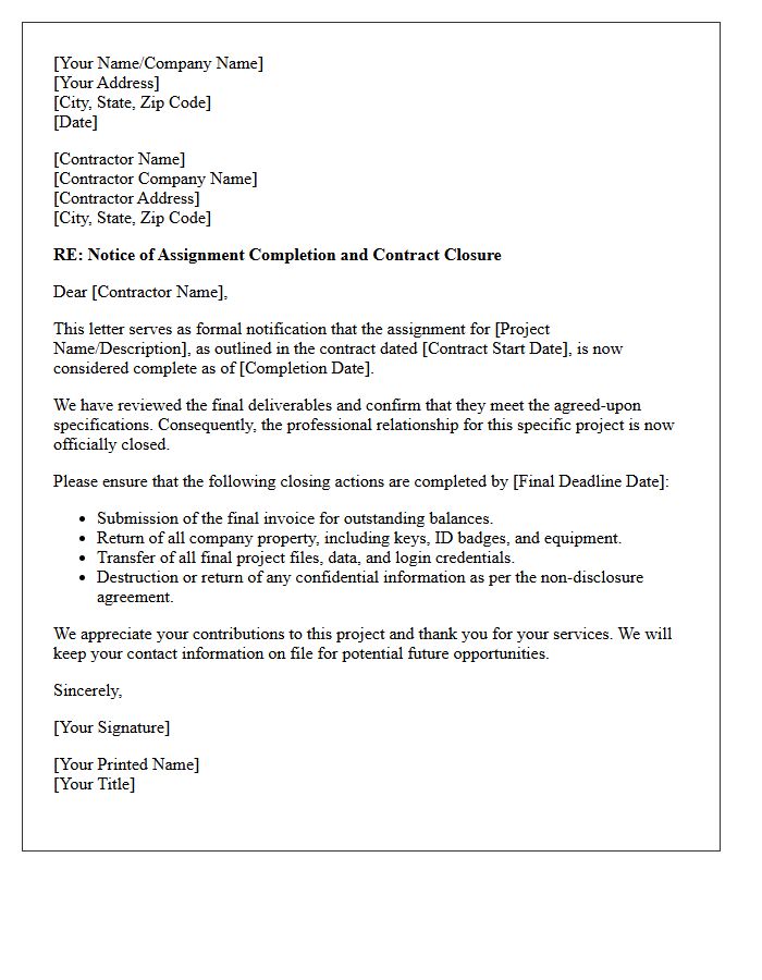 Contractor Assignment Completion and Closure Notice Letter