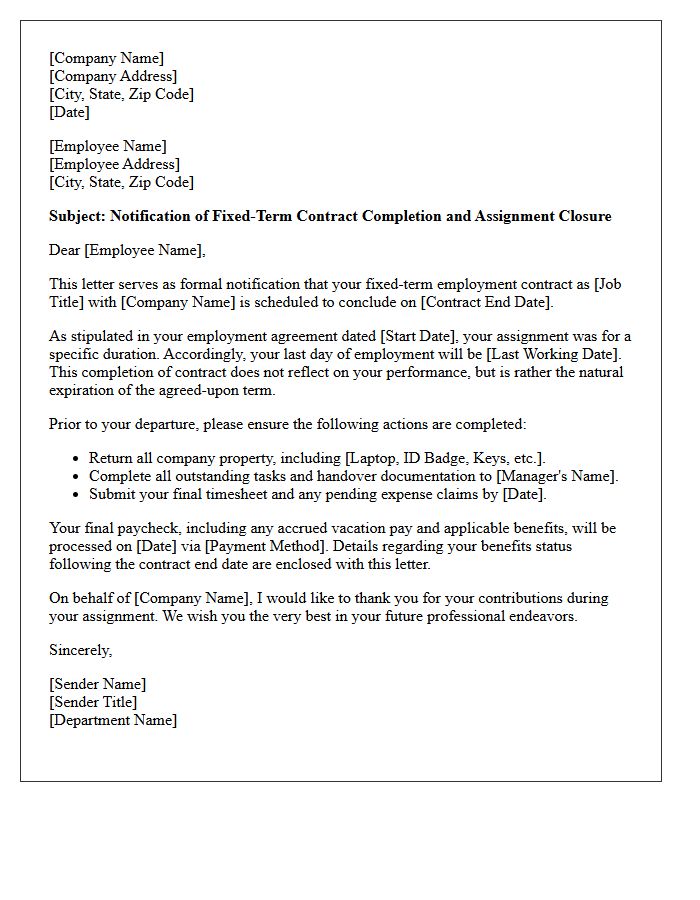 Fixed-Term Contract Completion and Assignment Closure Letter