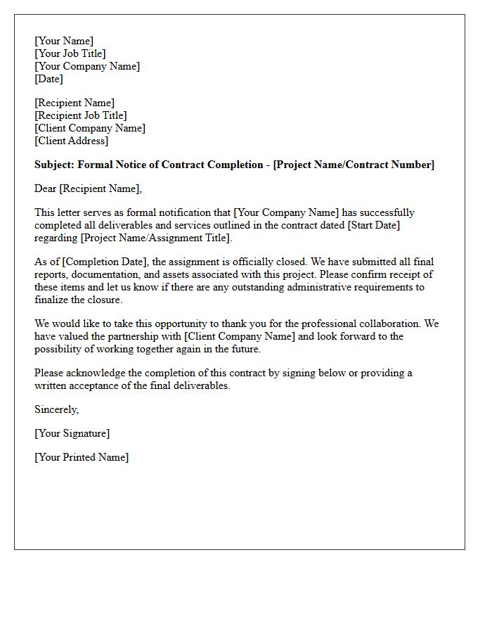 Formal Letter of Contract Completion and Assignment Closure