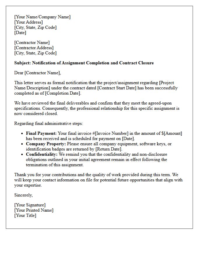 Independent Contractor Assignment Closure and Completion Letter
