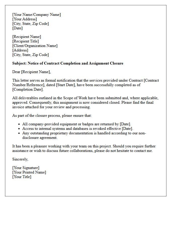 Notice of Contract Completion and Assignment Closure Letter