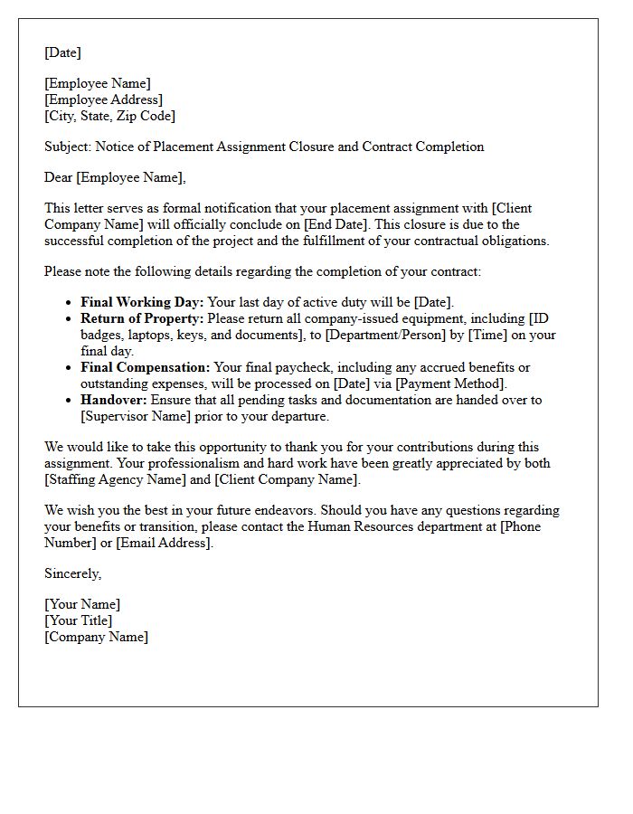 Placement Assignment Closure and Contract Completion Letter
