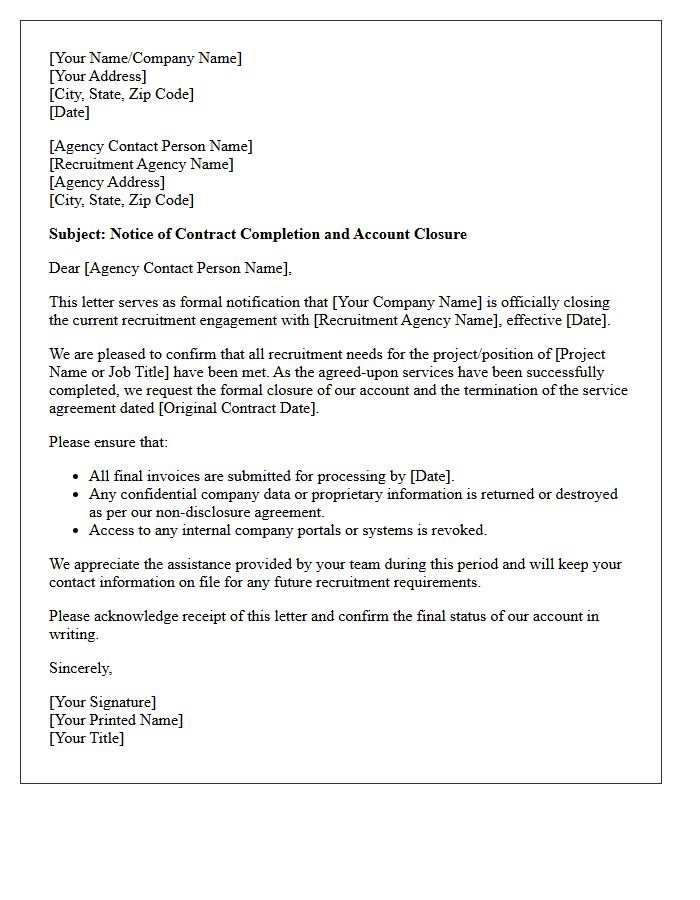 Recruitment Agency Contract Completion and Closure Letter