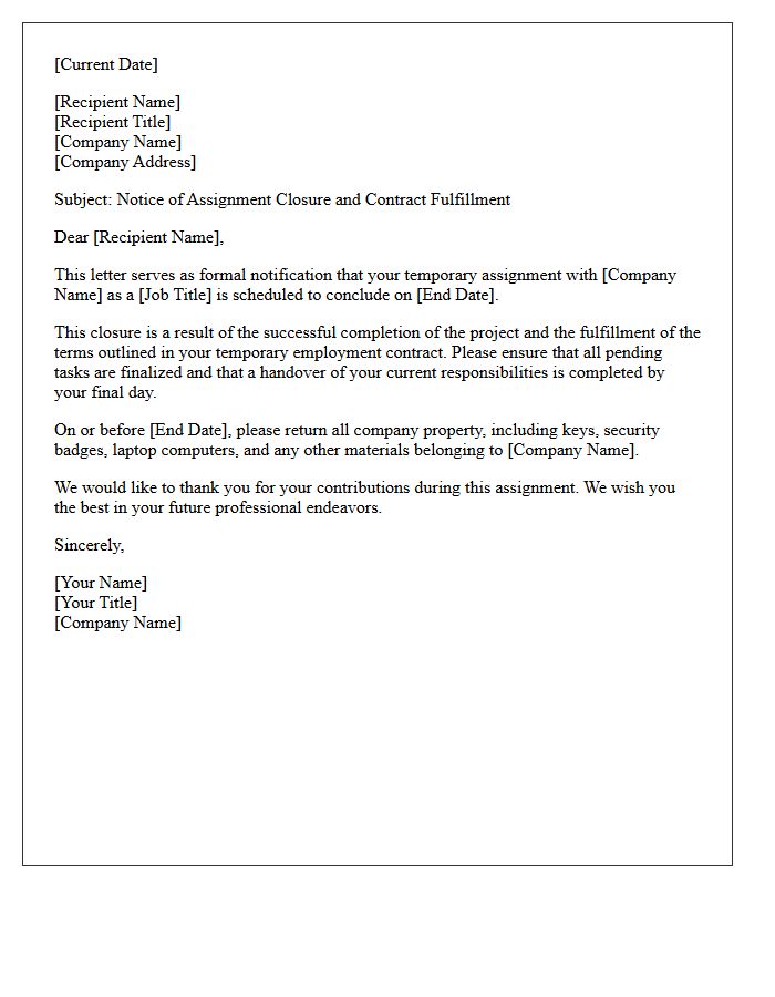 Temporary Assignment Closure and Contract Fulfillment Letter