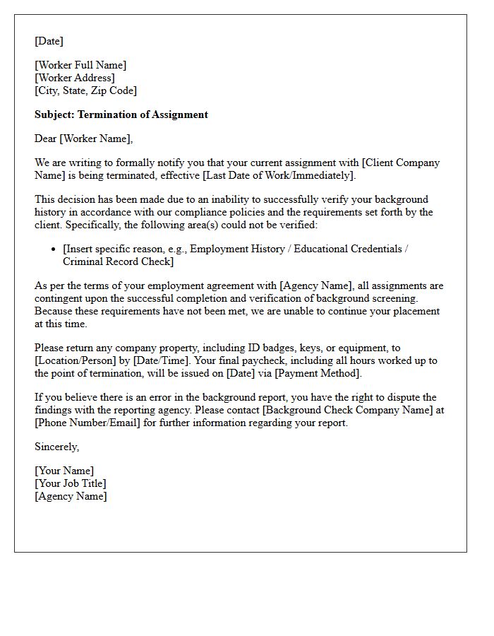 Agency Worker Assignment Termination Letter for Unverified Background History