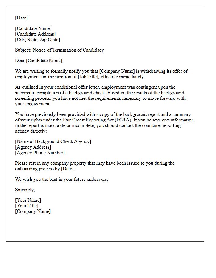 Candidate Engagement Termination Letter Due to Failed Background Check Requirements
