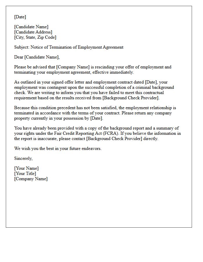 Contractual Termination Letter for Failed Criminal Background Check