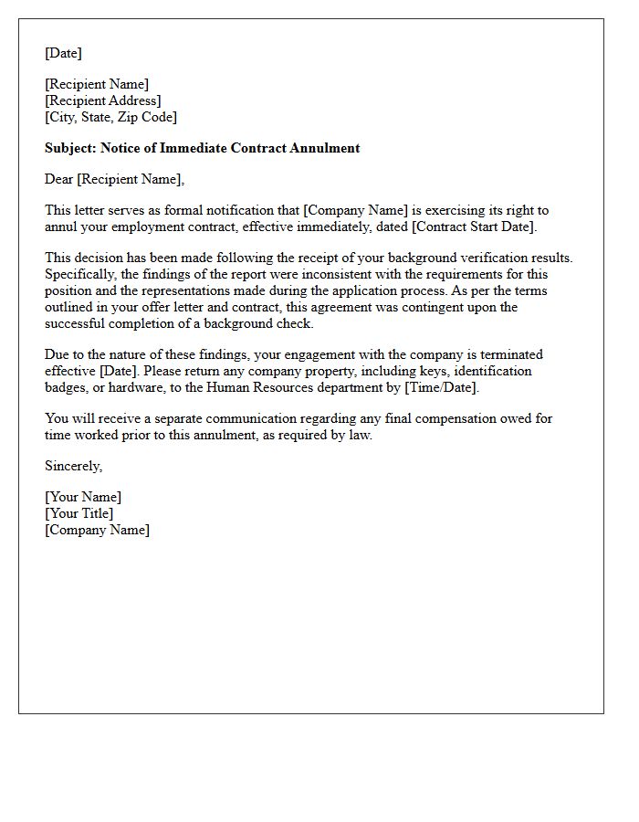 Immediate Contract Annulment Letter Following Adverse Background Verification