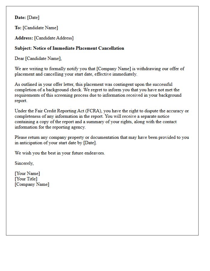 Notice Letter of Immediate Placement Cancellation Due to Background Check Failure