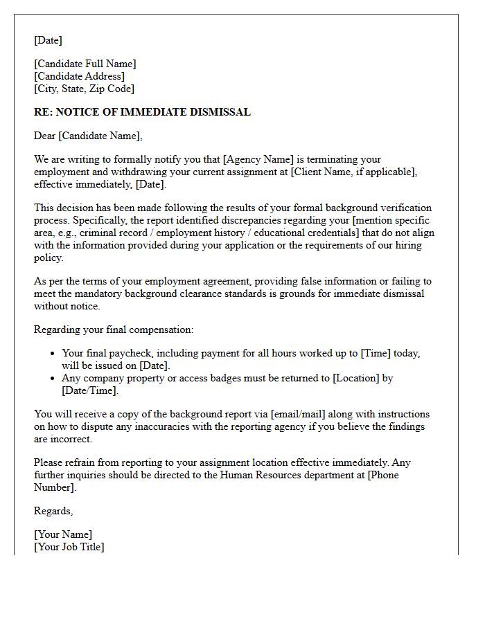 Recruitment Agency Notice Letter of Immediate Dismissal Following Background Verification