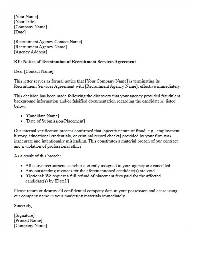 Recruitment Services Termination Letter for Fraudulent Background Information