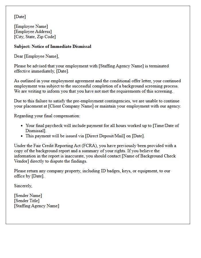 Staffing Agency Immediate Dismissal Letter for Background Screening Failure