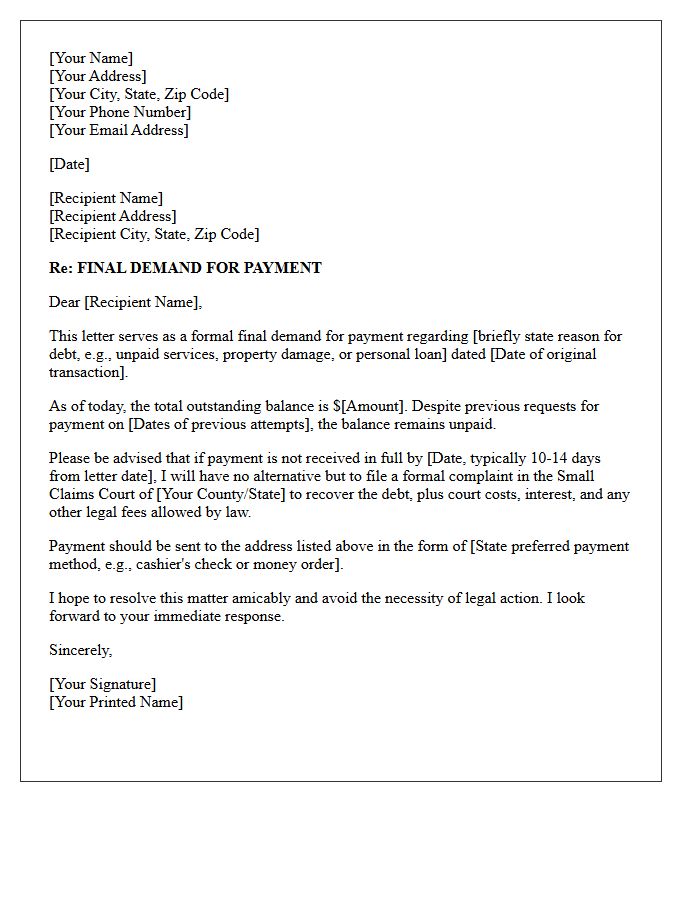 Final Demand Letter Before Small Claims Court Filing